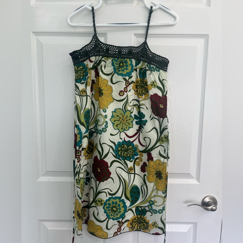 VINTAGE Olive Green Cream Floral Paisley Crochet Cotton Women's Mini Sundress
